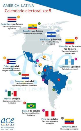 Mapa de los multiples procesos electorales previstos en América Latina durante 2018 y que ya comenzaron a llevar a las urnas a electores de la región el 4 de febrero. Crédito: ACE