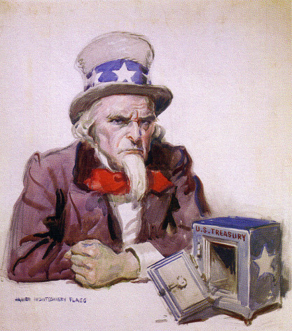 Ilustración de 1920 en la que James Montgomery Flagg retrata la situación posterior a la Primera Guerra Mundial, aunque la imagen de un Tesoro agotado resulta bastante actual. Crédito: Dominio público.