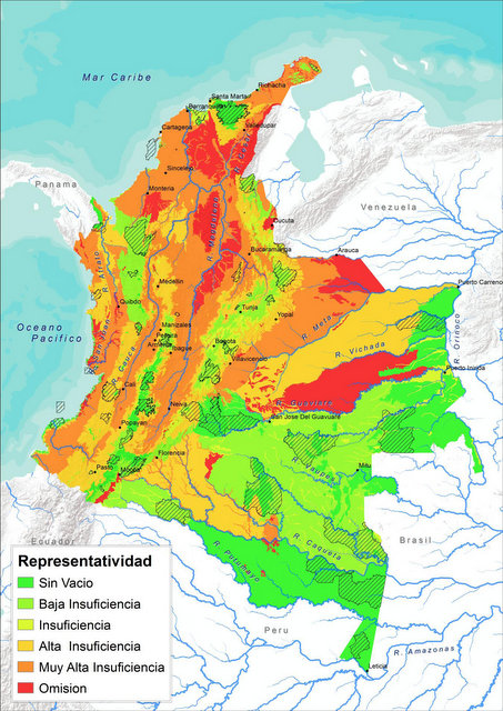 Mapa de los factores de compensación por representatividad de los ecosistemas y biomas, en los distritos biogeográficos de Colombia. Crédito: Cortesía del Ministerio del Ambiente