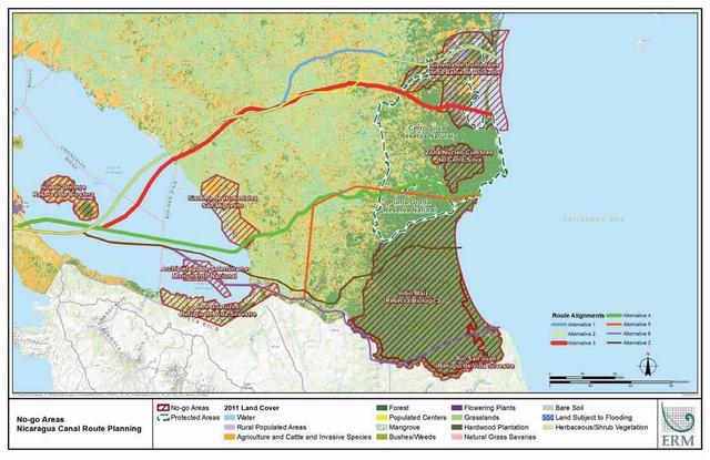 Mapa de Nicaragua con las seis rutas que se proyectaron para el trazado del bidireccional canal interoceánico. La seleccionada, en verde, fue la cuatro. Crédito: ERM