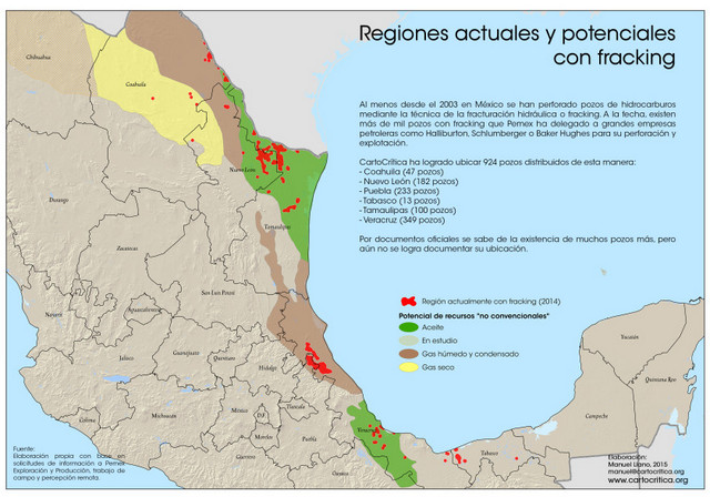 Regiones de desarrollo actual y futuro de la fractura hidráulica, o fracking, en México, sobre el que las comunidades afectadas dicen carecer de información. Crédito: Cortesía de Cartocrítica