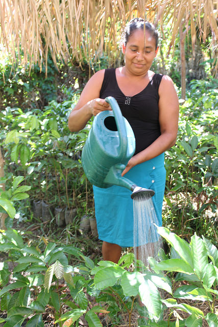 Belkys García es la responsable del vivero de Plan Grande, destinado a reforestar la cuenca del río Matías, que abastece la minirrepresa de la aldea y a cultivar árboles frutales y maderables para generar ingresos para la aislada comunidad de pescadores, situada en el norte caribeño de Honduras. Crédito: Thelma Mejía/IPS