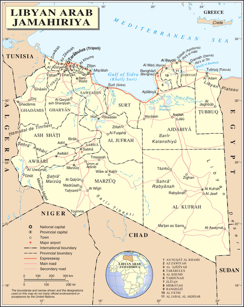 Mapa de Libia con sus principales puntos urbanos. Crédito: ONU