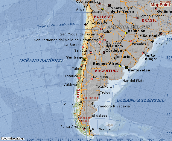 Mapa de Chile, un alargado país sudamericano limitado por la cordillera de los Andes y el océano Pacífico, cuya profundidad en sus costas aporta un potencial único en el mundo de las energías generadas por las mareas y los oleajes, que el país se apresta a aprovechar. Crédito: Imágenes de Chile