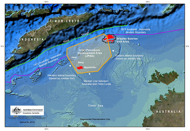 Australia sostiene que su frontera marítima con Timor Oriental debe basarse en su plataforma continental, como el límite que suscribió con Indonesia en 1972 en función de su lecho marino. Fuente: Departamento de Comercio y Relaciones Exteriores.