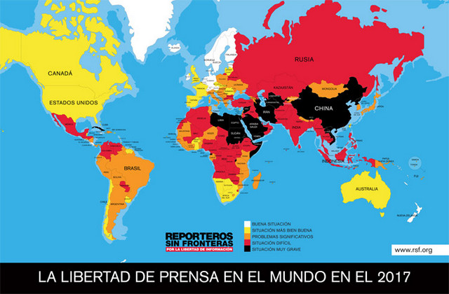 Mapa de la Clasificación Mundial de la Libertad de Prensa, difundido el miércoles 26 de abril por Reporteros sin Fronteras, donde Cuba (puesto 173) y México (147) aparecen como los peor situados de América Latina, mientras Uruguay (25) y Chile (33) aparecen como los mejor en el ranking, entre los 180 analizados. Crédito: RSF 