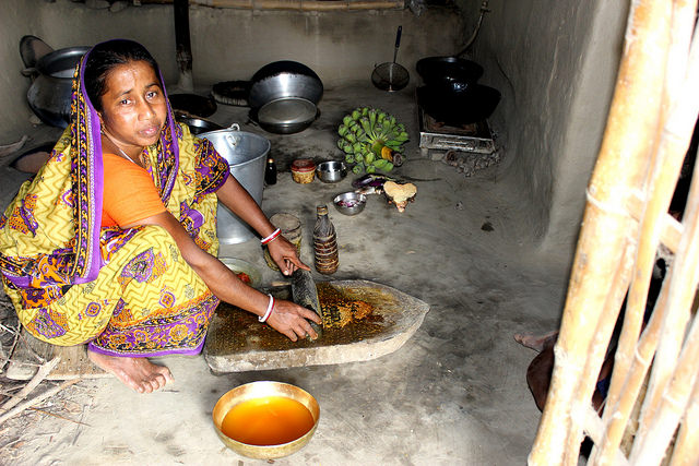 En una quinta parte de una hectárea, en la zona india de Sundarbans, Alpana Mandal encuentra una diversidad de alimentos, pescado de un pequeño estanque de agua dulce, huevos de sus gallinas,fríjoles y arroz. Pero el aumento del nivel del mar pone en riesgo su aldea en el delta del Ganges y emigrar hacia Kolkata , podría ser su única forma de supervivencia. Crédito: Manipadma Jena/IPS.