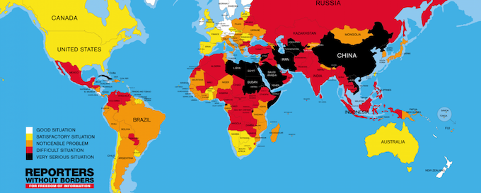 Clasificación Mundial de la Libertad de Prensa de Reporteros sin Fronteras. Crédito: RSF.