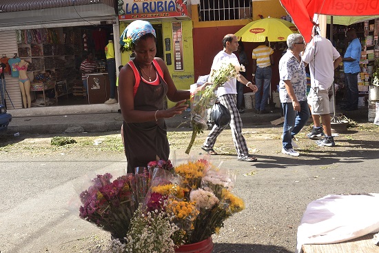Una mujer acomoda ramos de flores para la venta en el precario mercado Pequeño Haití, en República Dominicana. Crédito: Dionny Matos/IPS.