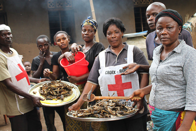 Trabajadores de la Cruz Roja distrbuyen alimentos calientes a desplazados en Kanzombi, en República Democrática del Congo. Crédito: Badylon Kawanda Bakiman/IPS.