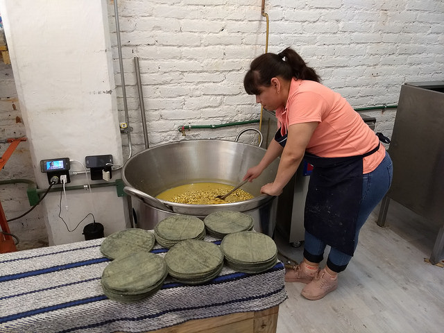 La trabajadora Georgina Trujillo revisa la cocción de maíz blanco en la trastienda de la tortillería Cintli (mazorca) en del local en Ciudad de México. La nixtamalización del grano, su cocimiento por horas con agua y cal, libera sus propiedades nutritivas, que se trasladan a los alimentos elaborados con el cereal. Crédito: Emilio Godoy/IPS