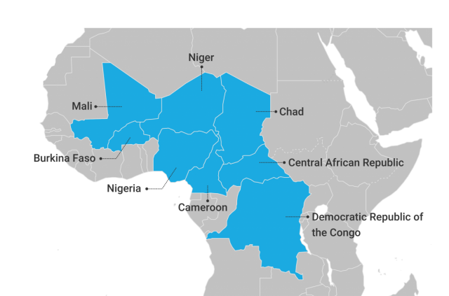 Mapa con las áreas principales de África occidental y central donde las escuelas son afectadas por los conflictos. Crédito: Unicef