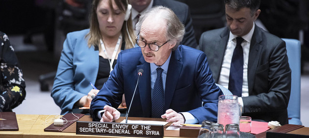 El enviado especial del secretario general de las Naciones Unidas para Siria, Geir Pedersen, informa al Consejo de Seguridad sobre la situación en el país. Crédito: Kim Haughton/ONU