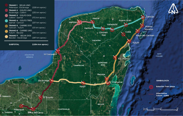 Mapa del trazado del Tren Maya por la Península de Yucatán, en México, cuyas obras comenzaron en mayo y que se espera que entre en operaciones en 2023. Imagen: Fonatur