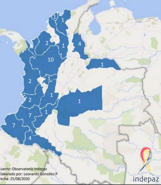 Mapa de Indepaz sobre las masacres en Colombia en 2020. Imagen: Indepaz