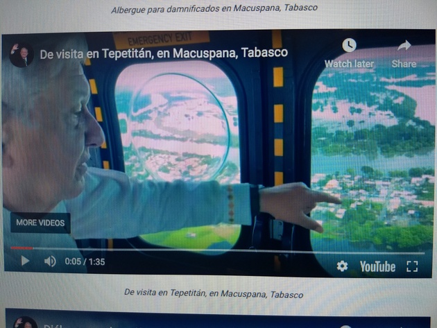 El presidente Andrés Manuel López Obrador decidió inundar comunidades indígenas en el suroriental estado de Tabasco, para proteger Villahermosa, su capital, mientras ha prometido un programa integral para prevenir las frecuentes inundaciones. En la imagen, López Obrador observa desde un avión zonas anegadas en Tabasco, en una captura de IPS de un video de la página de la presidencia de México. Foto: Emilio Godoy/IPS-Presidencia de México